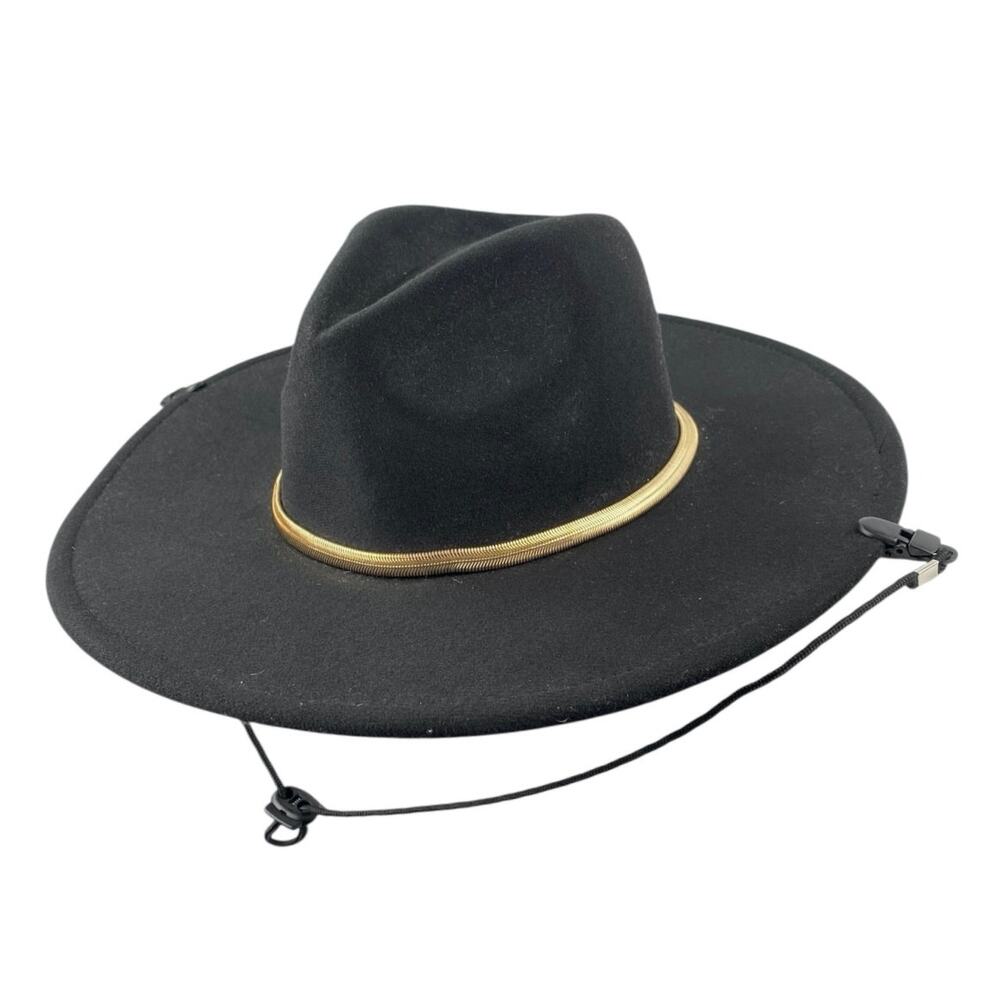 Women's Black Gold Chain Faux Suede Strap Panama Western Cowboy Hat One Size